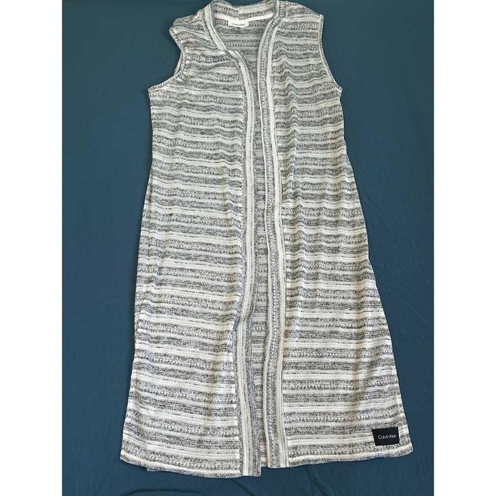 Calvin Klein Womens Grey White Striped Sleeveless Longline Cardigan Vest Duster